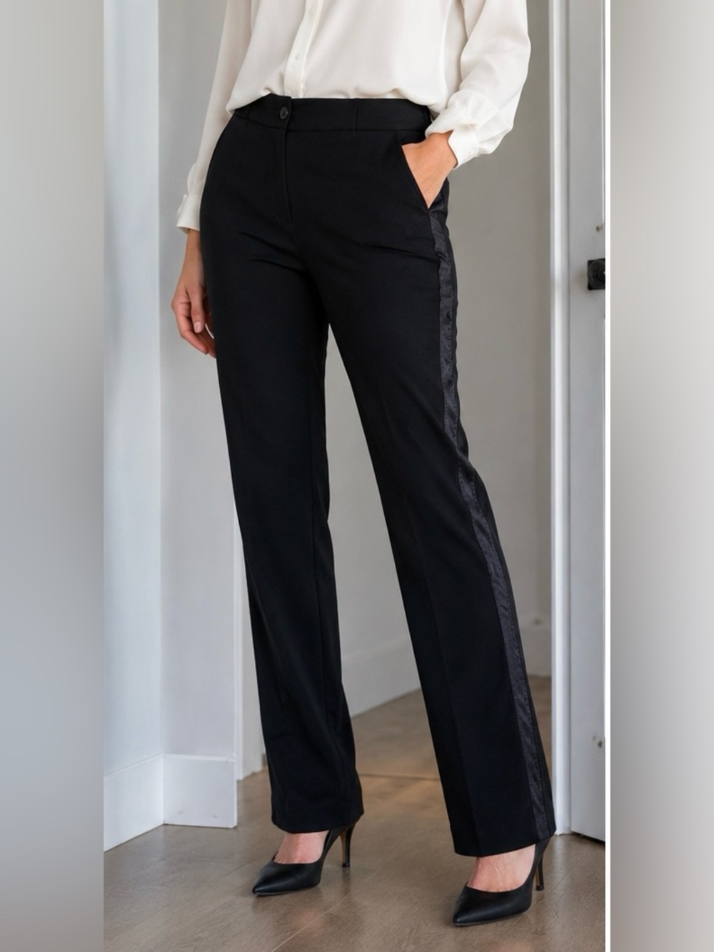 Barneys New York Black Side Faux Leather Trim Dress Pants | Size 2 | Made in USA